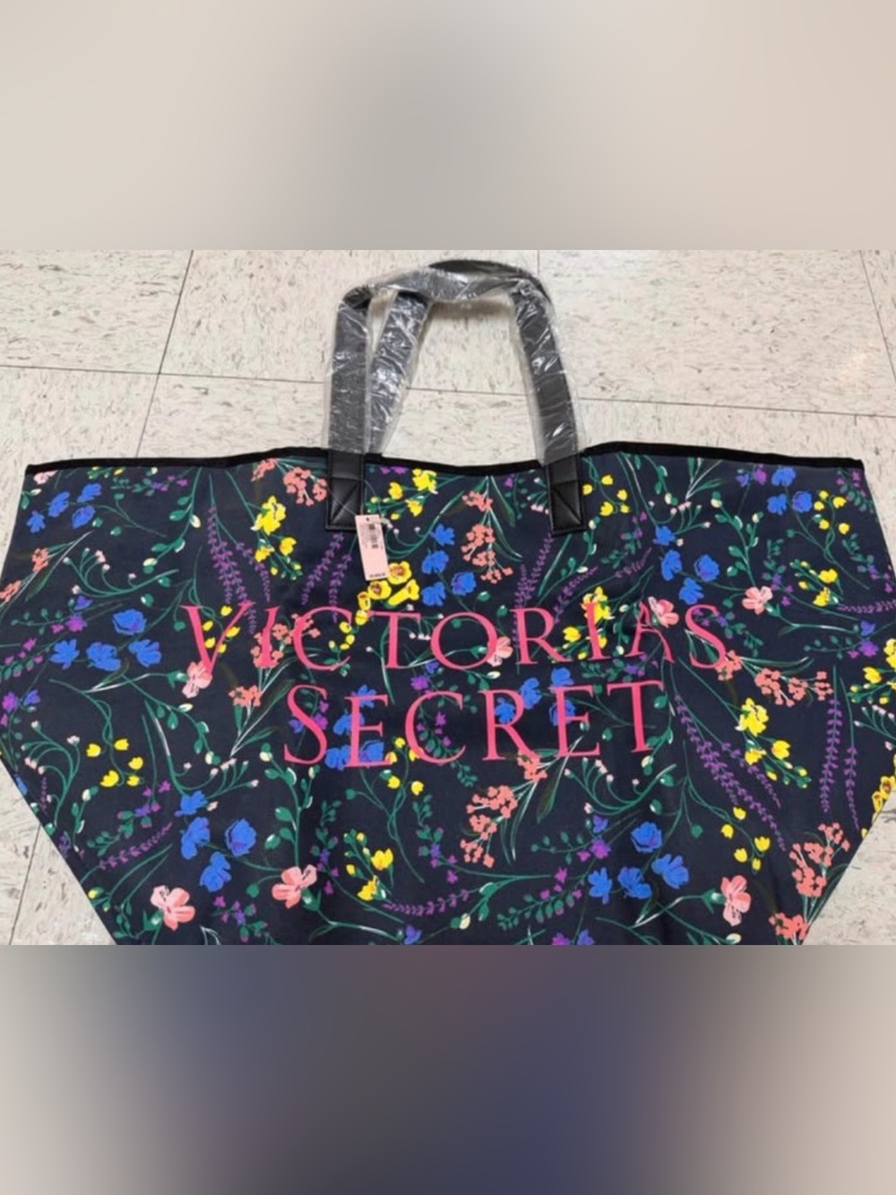 Victoria's Secret Black Floral Tote with Pink Logo